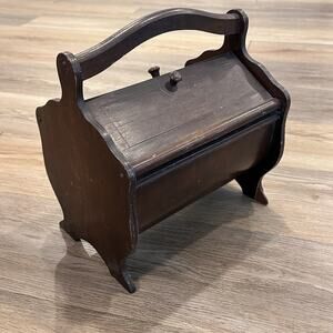 Vintage Wooden Sewing Box Basket 2 Hinged Door Lids Carrying Handle 12 x 10 x 8